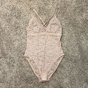 Aerie Far Out Blush Pink Lace Strappy Back Bodysuit Small